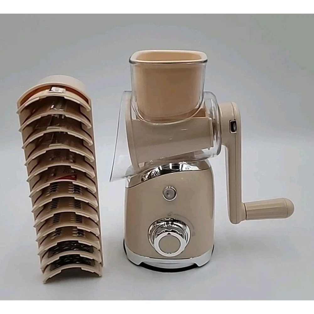 Manual Rotary Cheese Vegetable Grater Shredder Suction Base & 12 Blades Beige
